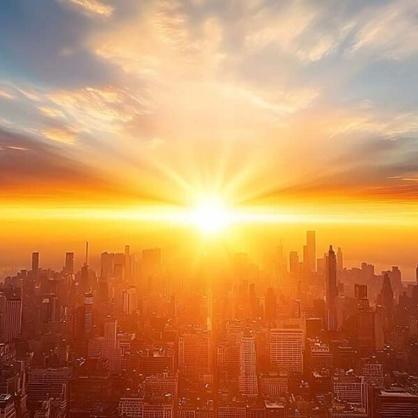 Glowing futuristic city skyline at dramatic sunrise over a tranquil urban landscape with tall skyscrapers bright horizon and vibrant colorful sky Concept of progress innovation